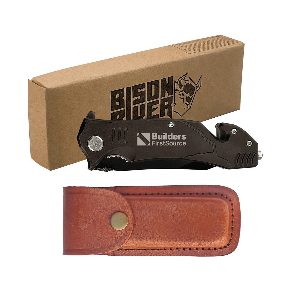 Bison River - 4 1/2" Black Rescue Knife w/Leather Sheath