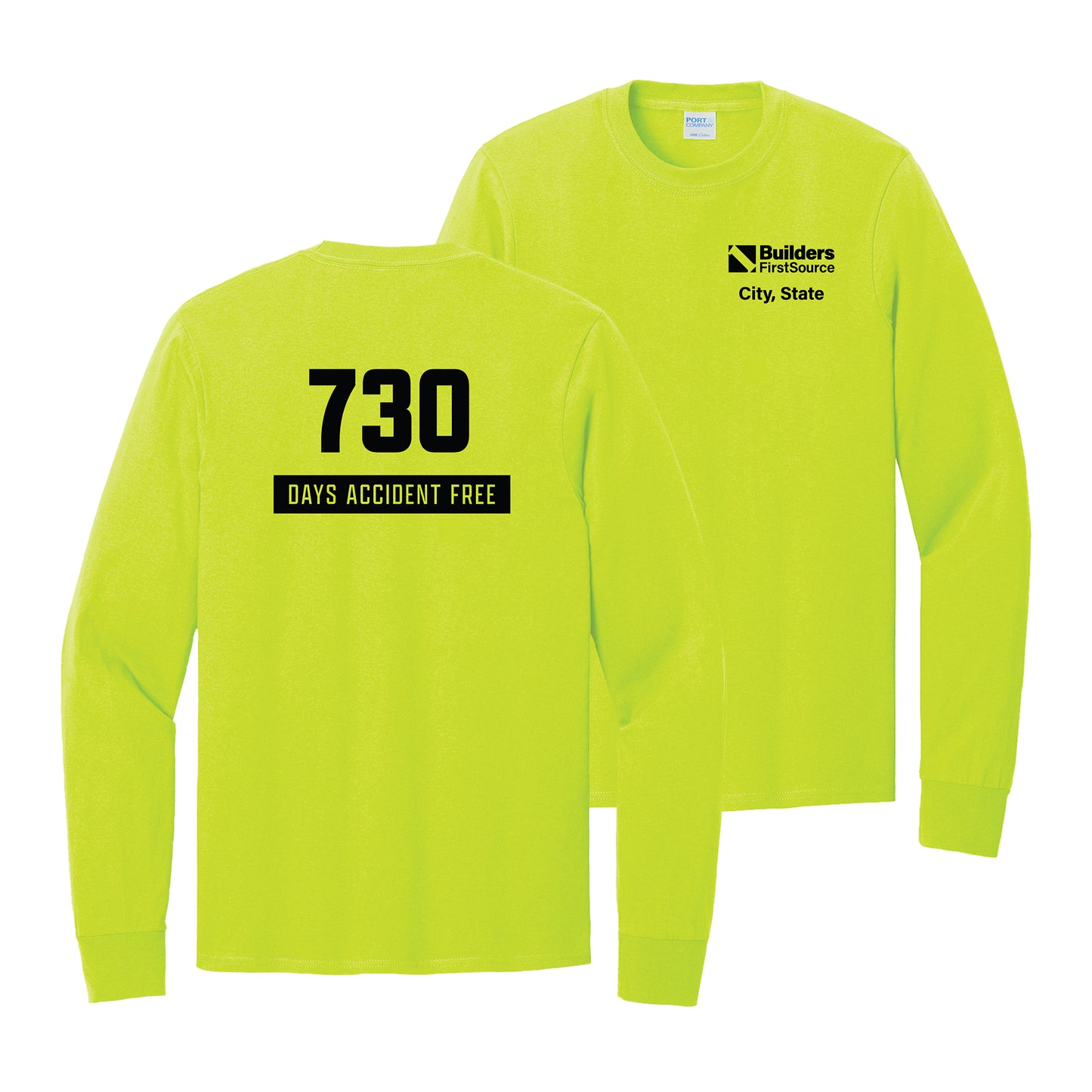 Accident Free Award - Safety Green Long Sleeve Core Cotton Tee (Front & Back)